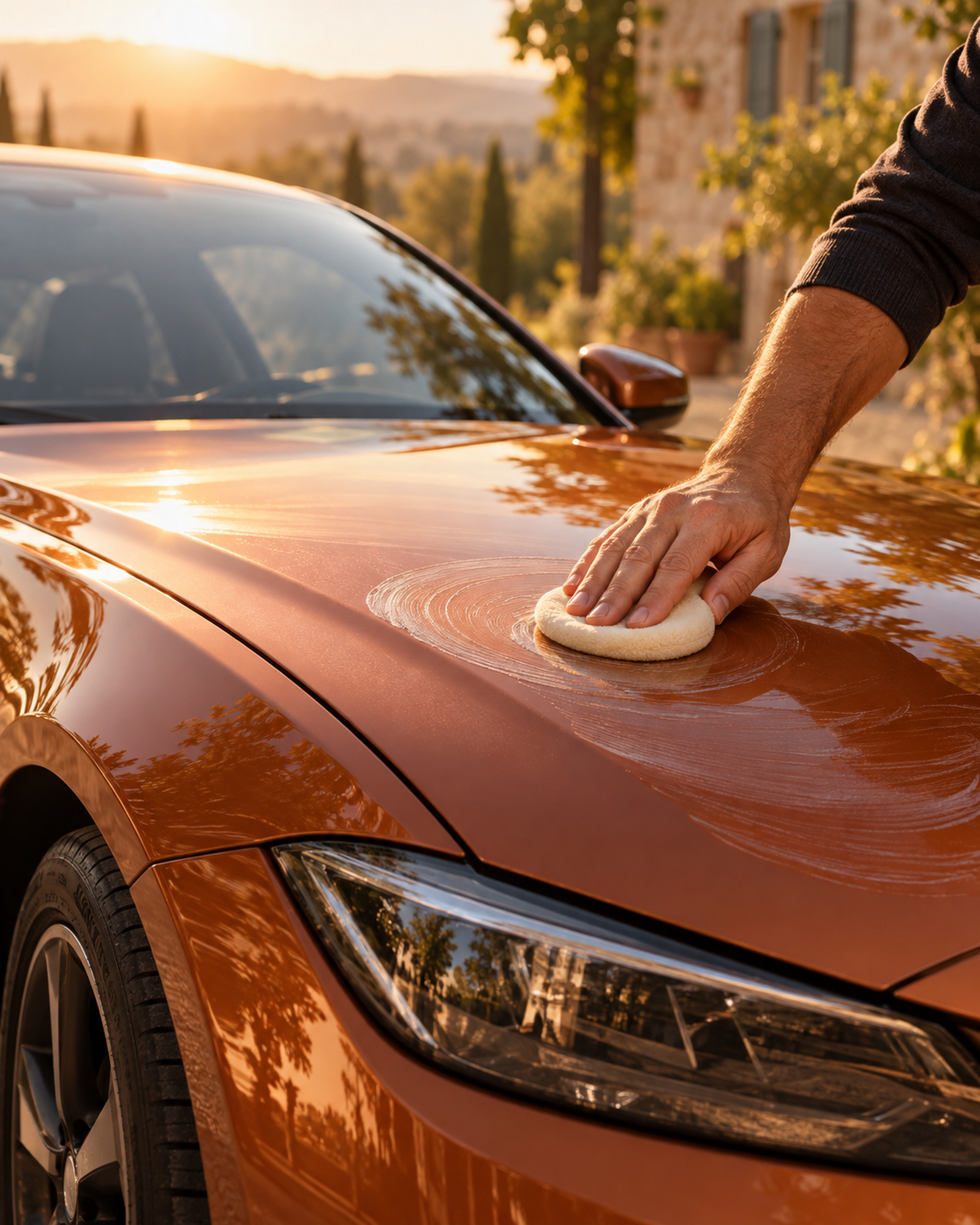 application de cire à la main sur une carrosserie ocre, lumière chaude